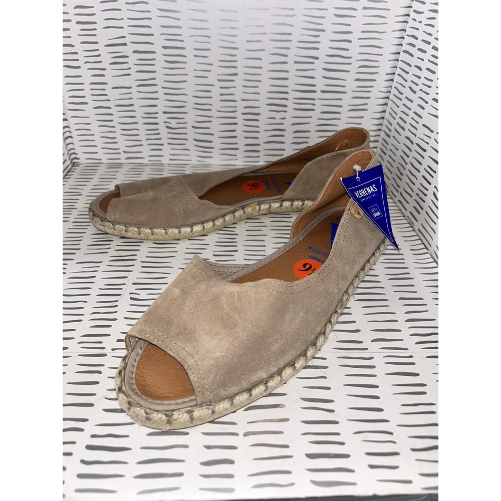 NWT Verbenas Womens Suede Peep Toe Espadrille Flats Taupe Made in Spain Sz 9.5